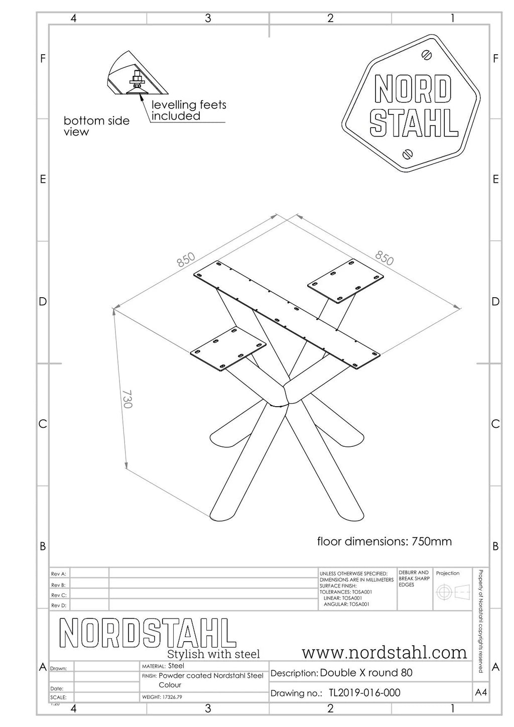 Technische tekening van Nordstahl Double X round leg tafelpoot