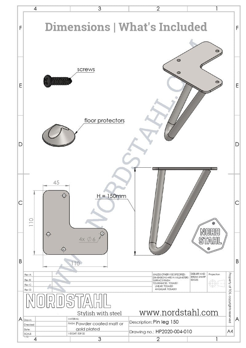 Technische tekening van Nordstahl Hairpin meubelpoot zwart