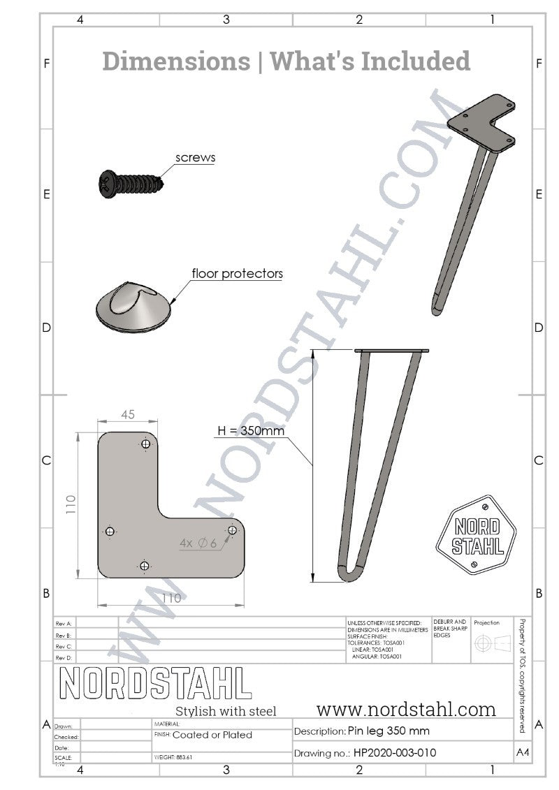 Technische tekening van Nordstahl Hairpin salonpoot wit