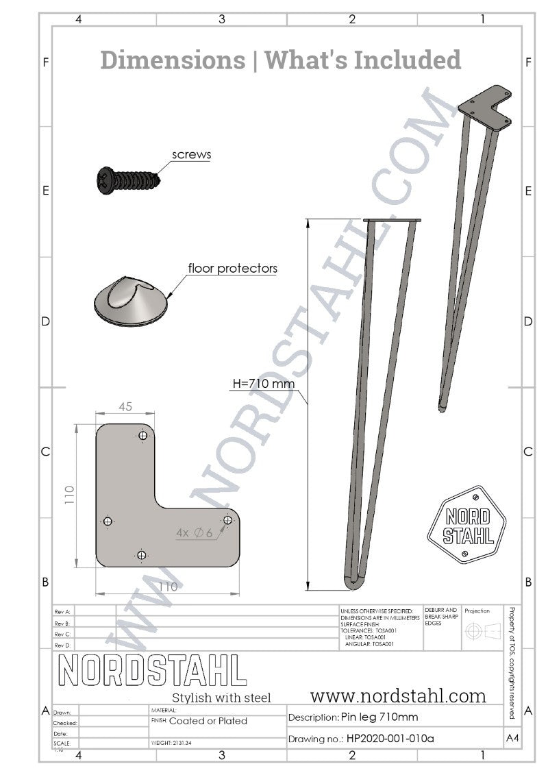 Technische tekening van Nordstahl Hairpin tafelpoten wit