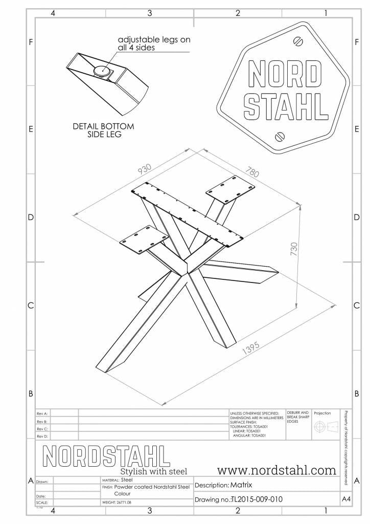 Technische tekening van Nordstahl Matrix leg tafelpoot