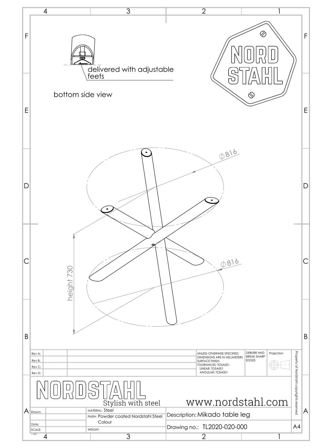 Technische tekening van Nordstahl Mikado leg tafelpoot