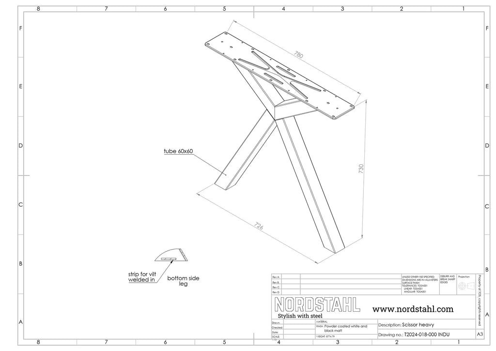 Technische tekening van Nordstahl Scissor leg heavy tafelpoot