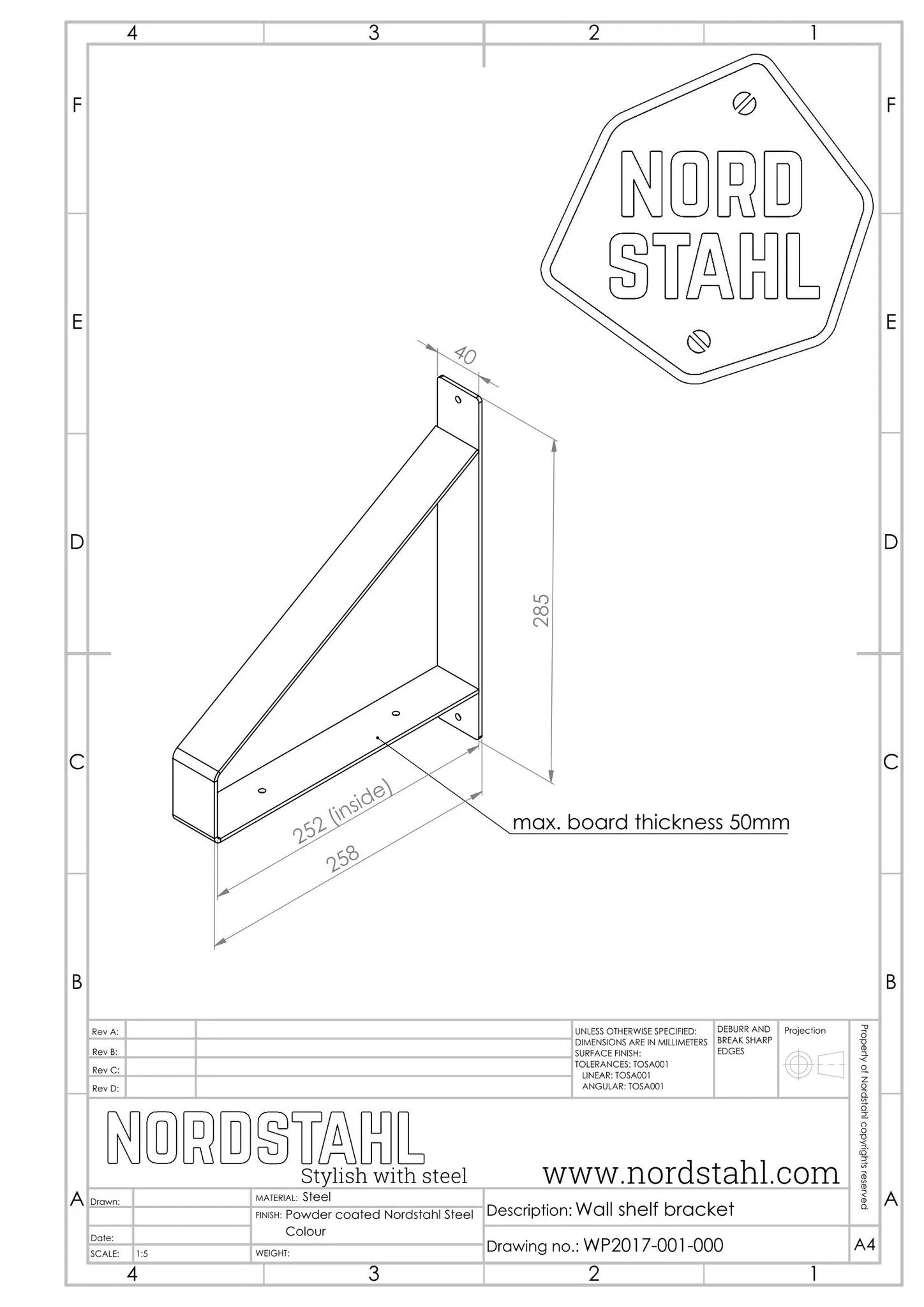 Technische tekening van Nordstahl Shelf Brackets wandplankdrager