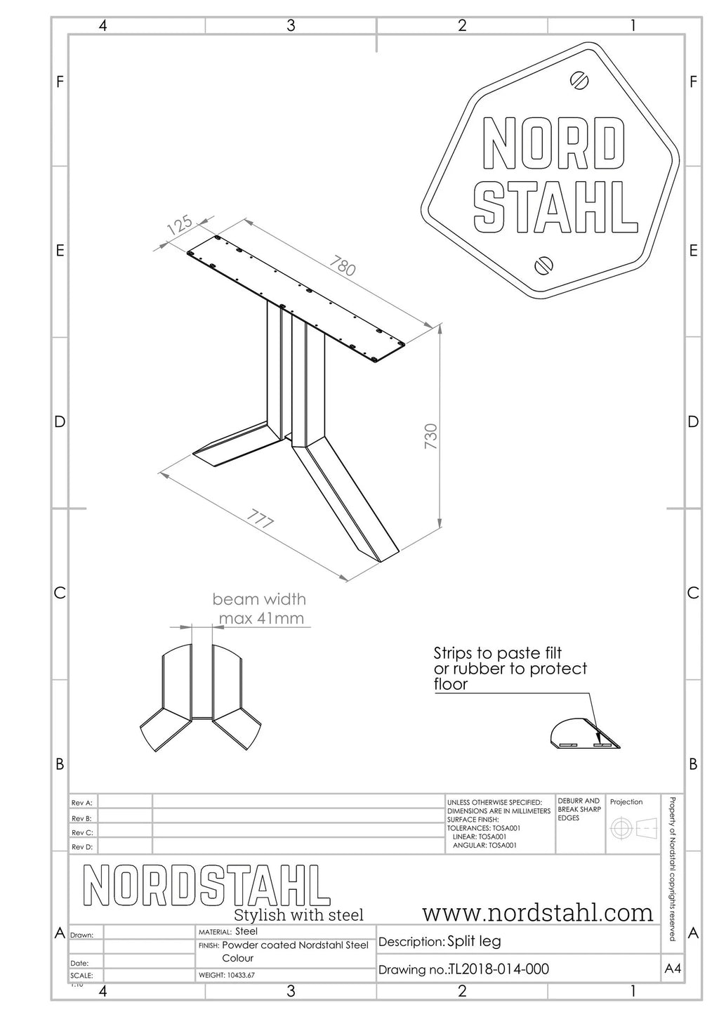 Technische tekening van Nordstahl Split leg tafelpoot