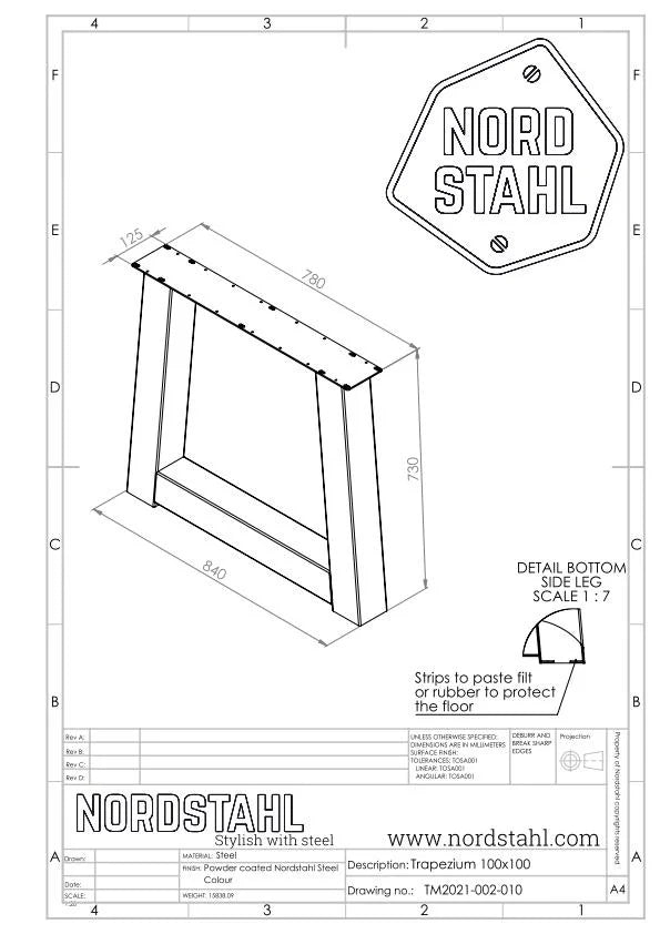 Technische tekening van Nordstahl Trapezuim leg heavy tafelpoot