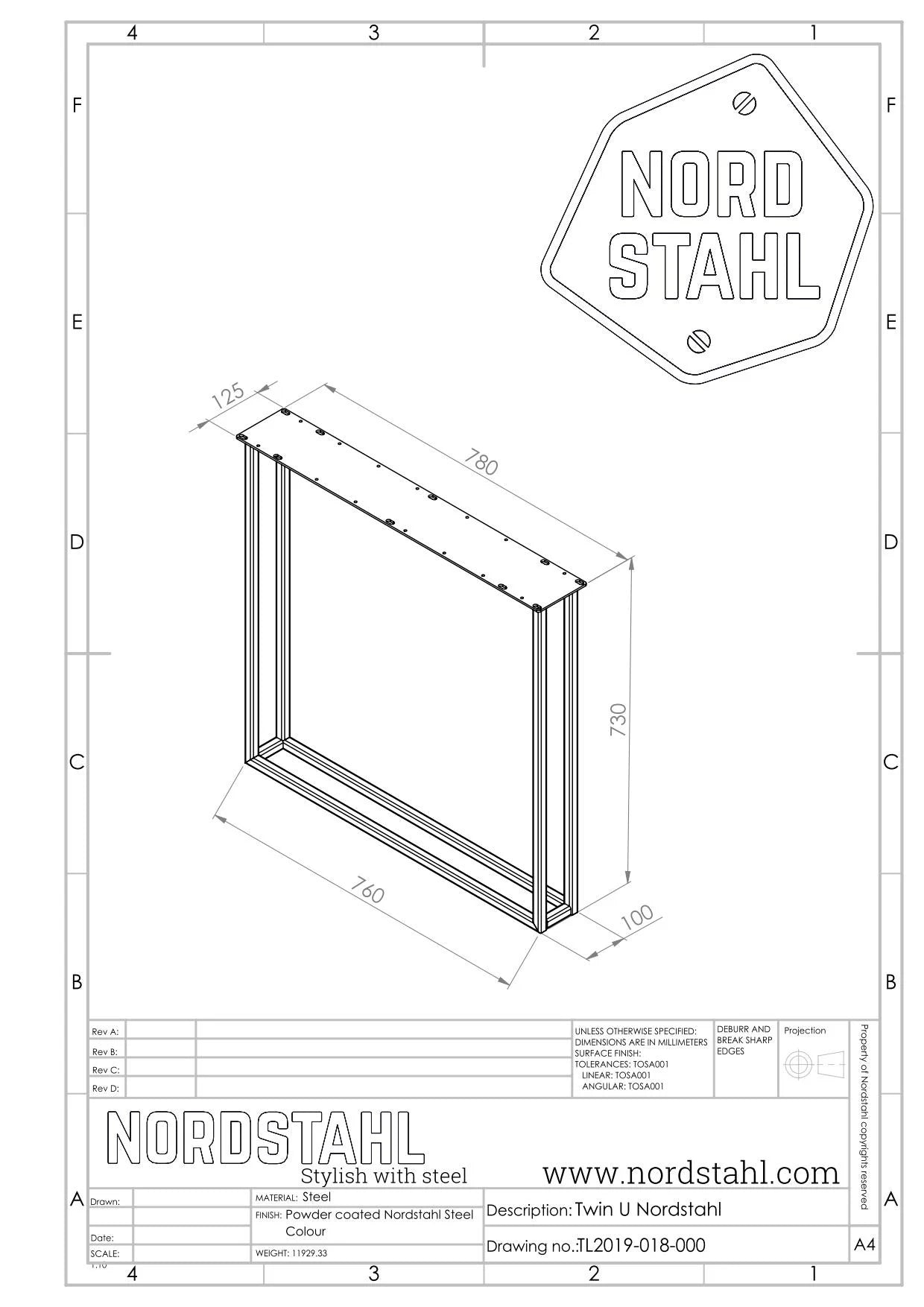 Technische tekening van Nordstahl Twin U leg tafelpoot