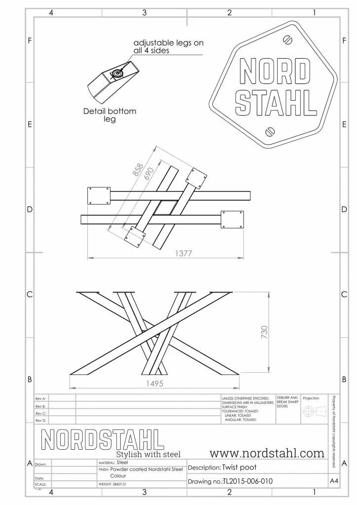 Technische tekening van Nordstahl Twist leg tafelpoot