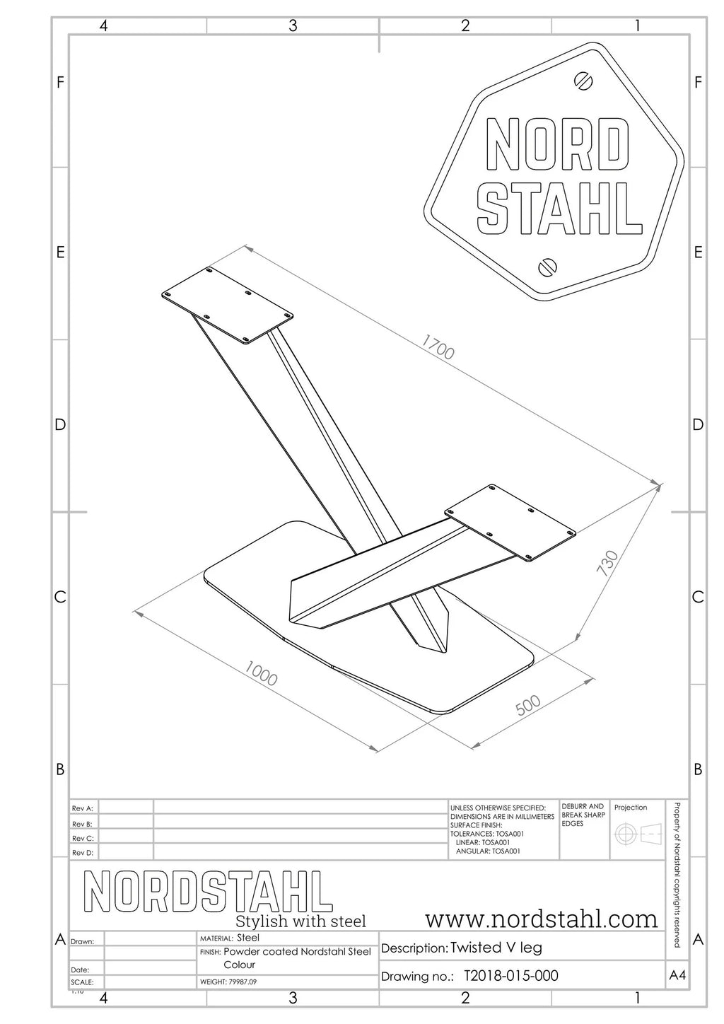 Technische tekening van Nordstahl Twisted V leg tafelpoot