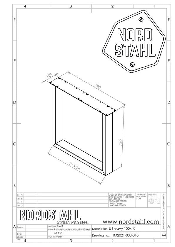 Technische tekening van Nordstahl U leg heavy tafelpoot