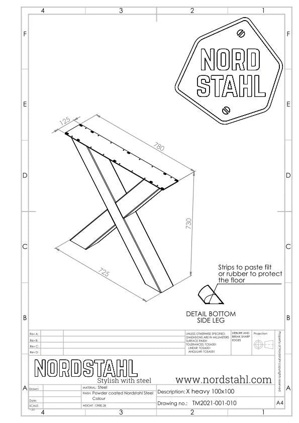 Technische tekening van Nordstahl X leg heavy tafelpoot